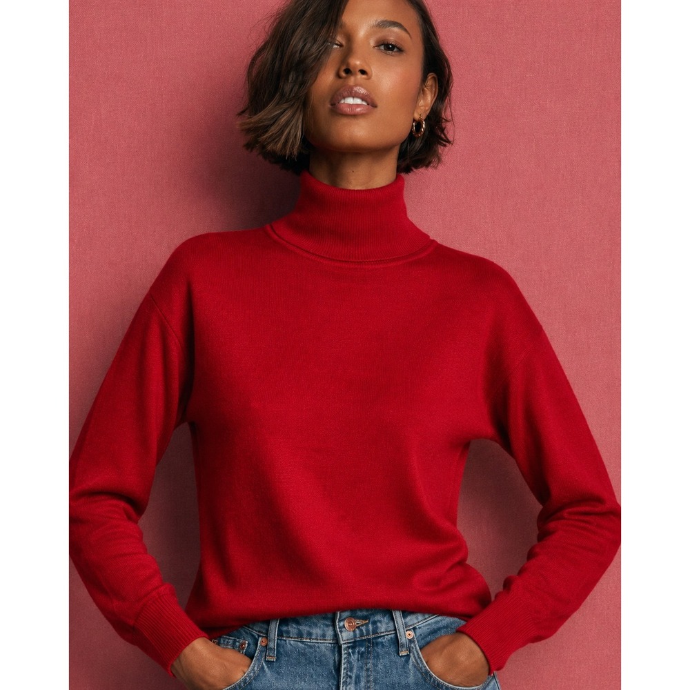 M&S Collection Womens Dark Red Extra Fine Merino‎ Wool Turtleneck Sweater Sz 10